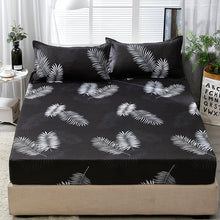 Load image into Gallery viewer, 3pcs Fitted Sheet with Pillowcase Set Black Leaf Printed Single Queen Size Mattress Protector Cover Bottom Sheet for King Bed