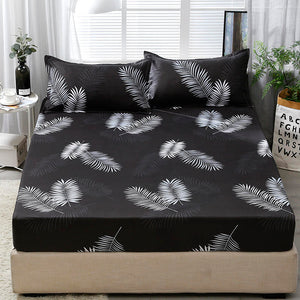 3pcs Fitted Sheet with Pillowcase Set Black Leaf Printed Single Queen Size Mattress Protector Cover Bottom Sheet for King Bed