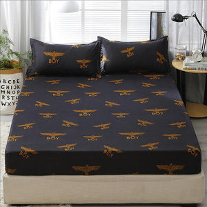 3pcs Fitted Sheet with Pillowcase Set Black Leaf Printed Single Queen Size Mattress Protector Cover Bottom Sheet for King Bed