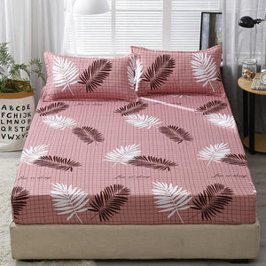 3pcs Fitted Sheet with Pillowcase Set Black Leaf Printed Single Queen Size Mattress Protector Cover Bottom Sheet for King Bed