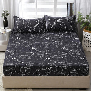 3pcs Fitted Sheet with Pillowcase Set Black Leaf Printed Single Queen Size Mattress Protector Cover Bottom Sheet for King Bed